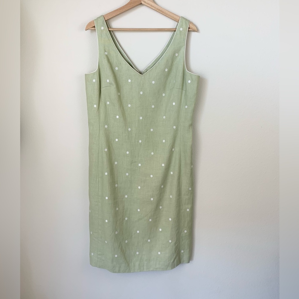 Vintage Donna Morgan Light Green Linen Polka Dot Midi Dress